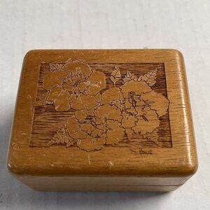 Hardwood Hinged Box Floral Hibiscus Hawaii Signed Trinket Box Gift Decor Wood